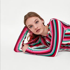 Zara Gathered Striped Ribbed midi dress pink green